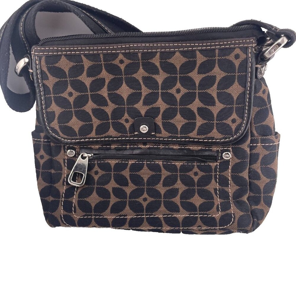 Fossil Signature Print Black/Brown Fabric Adjustable Crossbody Purse Vintage
